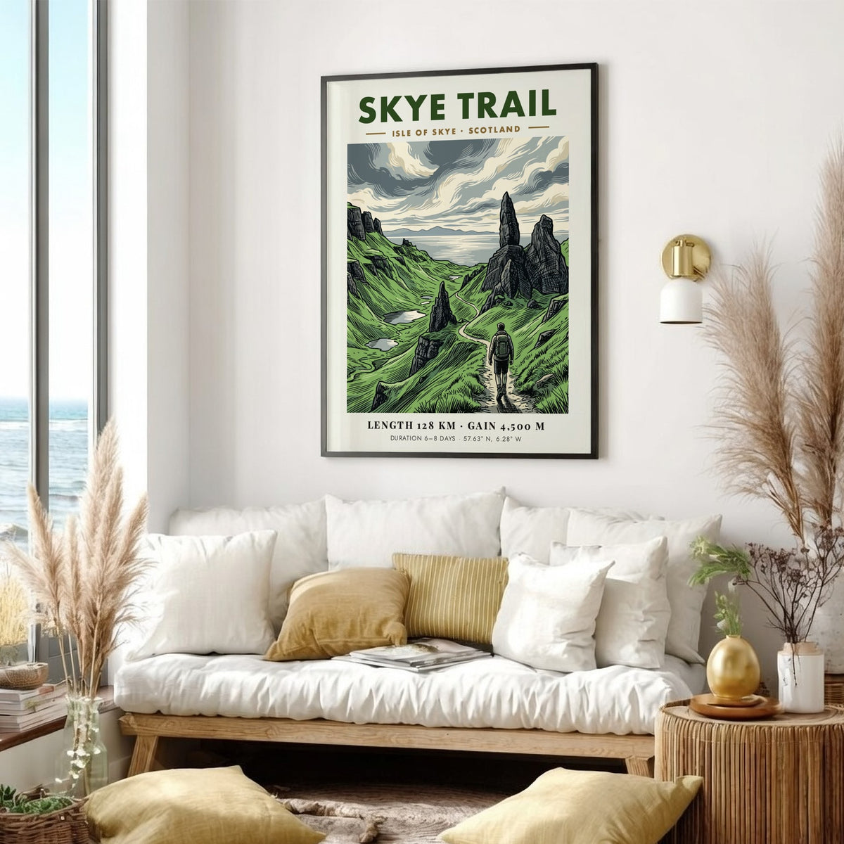 Skye Trail poster featuring a hiker on a green Scottish path near rocks.