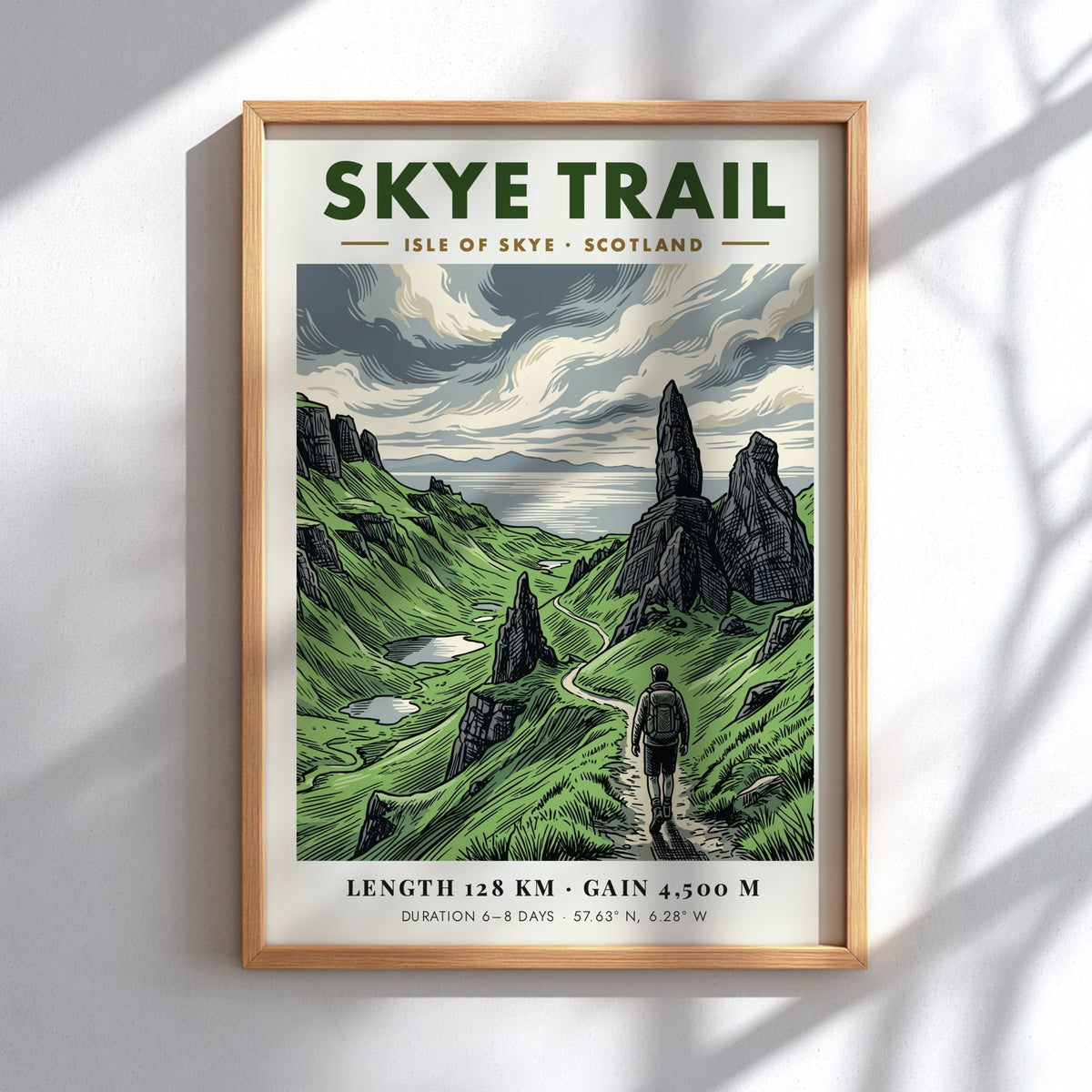 Skye Trail poster featuring a hiker on a green Scottish path near rocks.