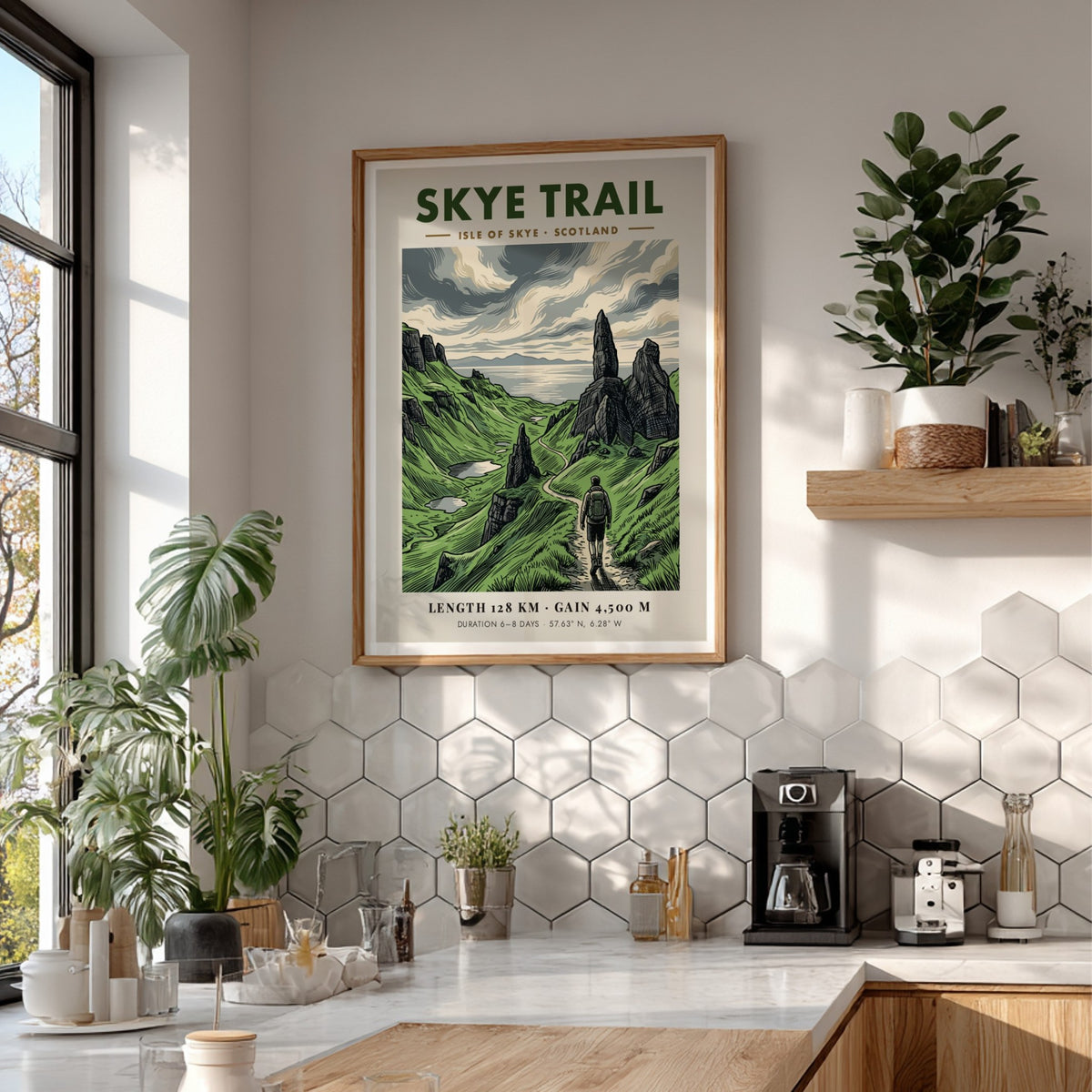 Skye Trail poster featuring a hiker on a green Scottish path near rocks.