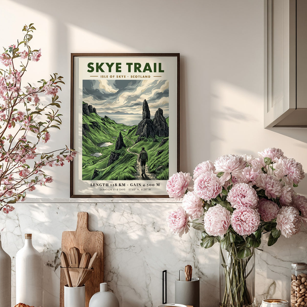 Skye Trail poster featuring a hiker on a green Scottish path near rocks.