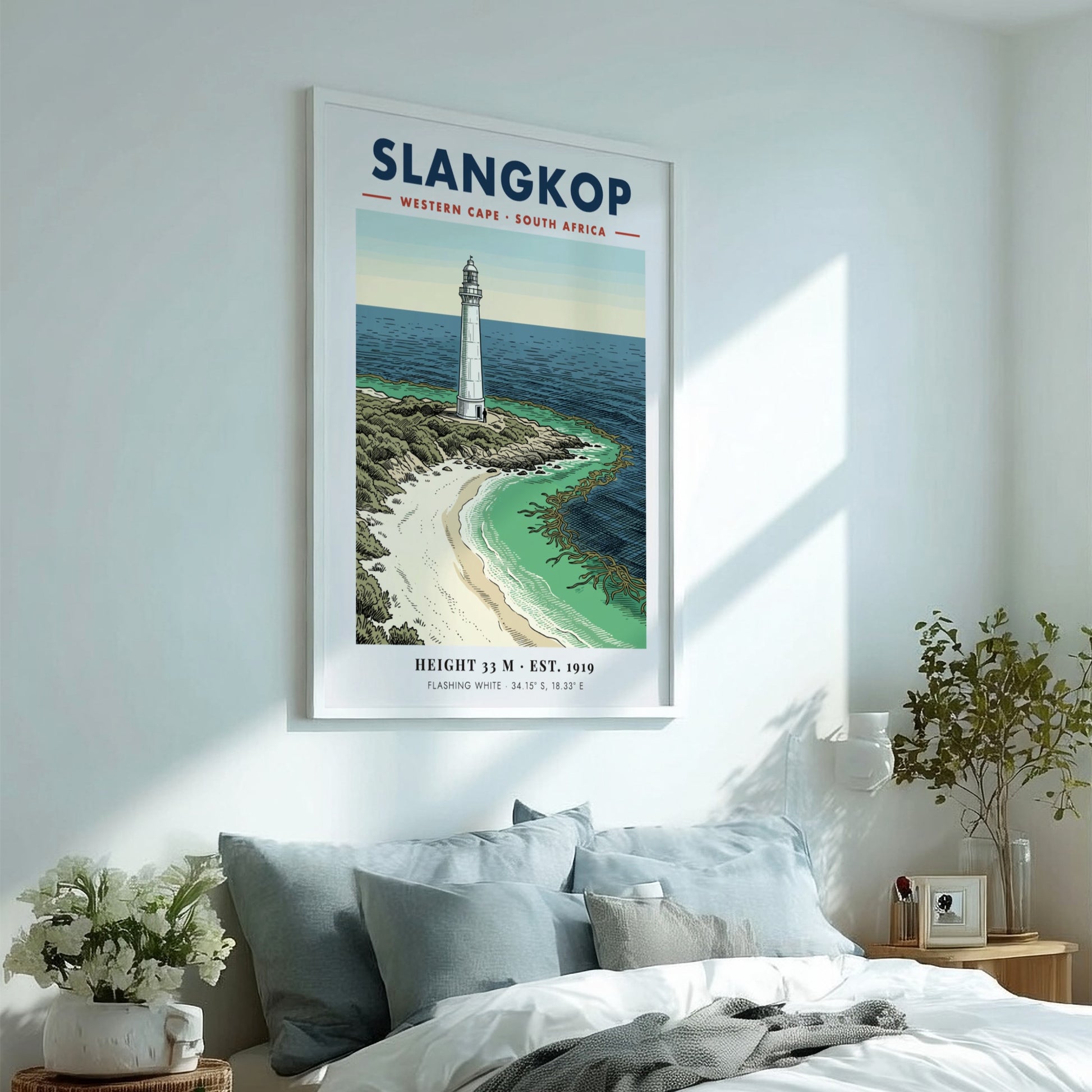 Slangkop Lighthouse poster featuring a white tower on a sandy beach by ocean.