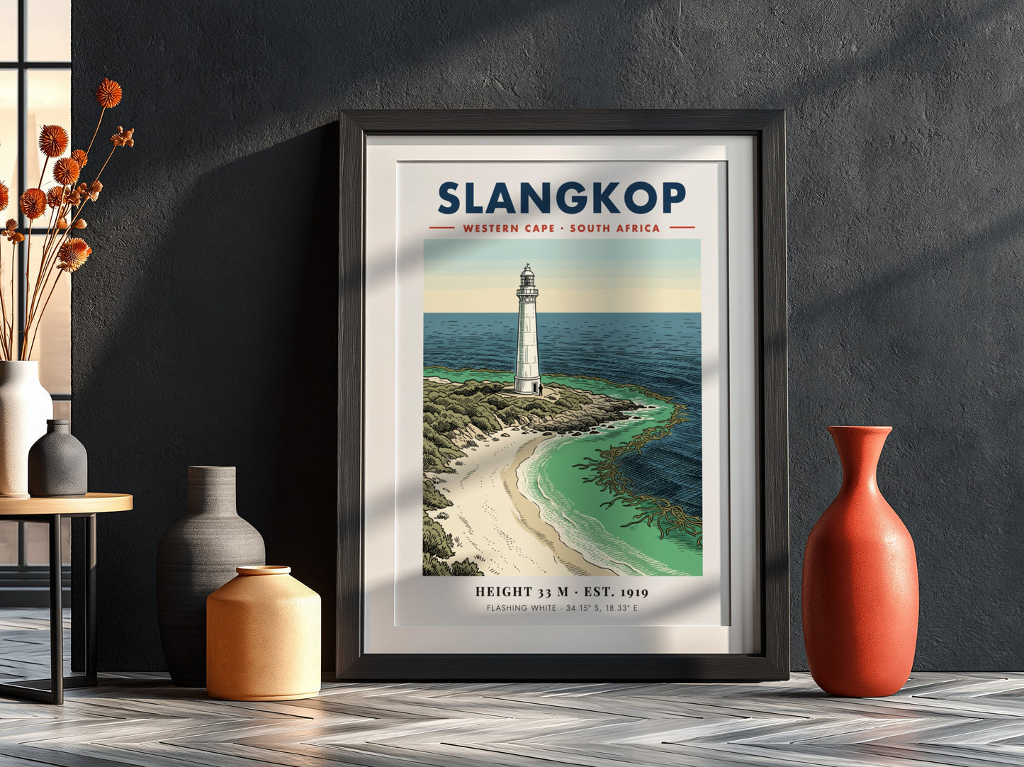 Slangkop Lighthouse poster featuring a white tower on a sandy beach by ocean.