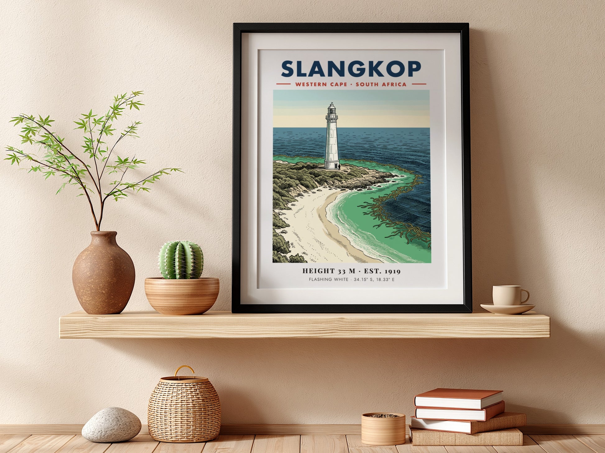 Slangkop Lighthouse poster featuring a white tower on a sandy beach by ocean.