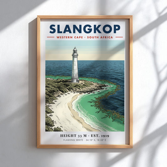 Slangkop Lighthouse poster featuring a white tower on a sandy beach by ocean.