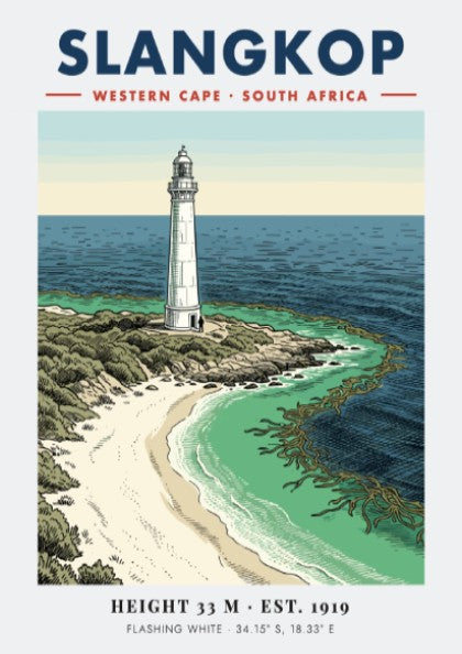 Slangkop Lighthouse poster featuring a white tower on a sandy beach by ocean.
