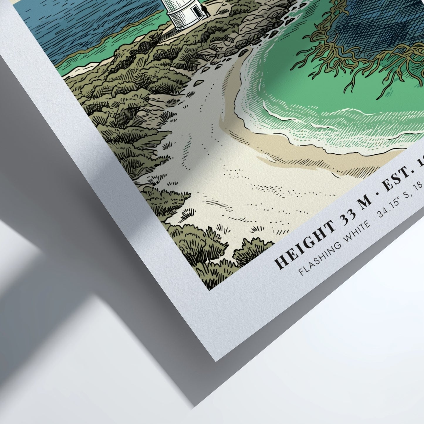 Slangkop Lighthouse poster featuring a white tower on a sandy beach by ocean.