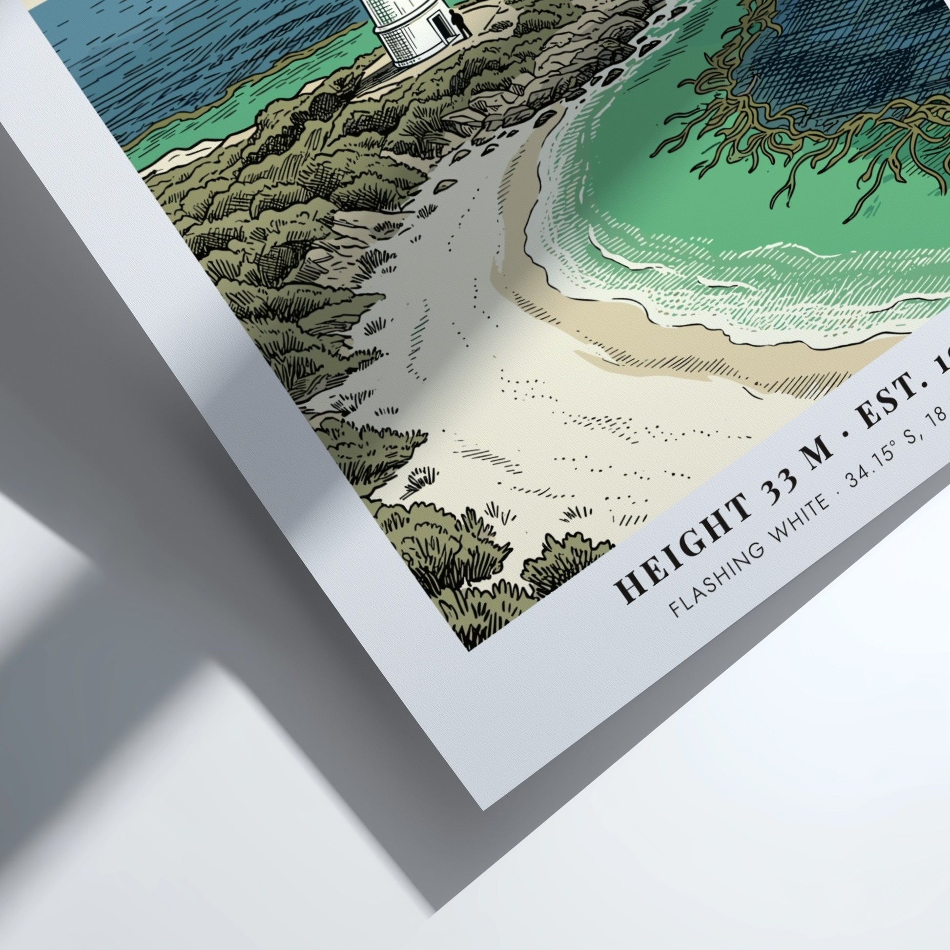Slangkop Lighthouse poster featuring a white tower on a sandy beach by ocean.