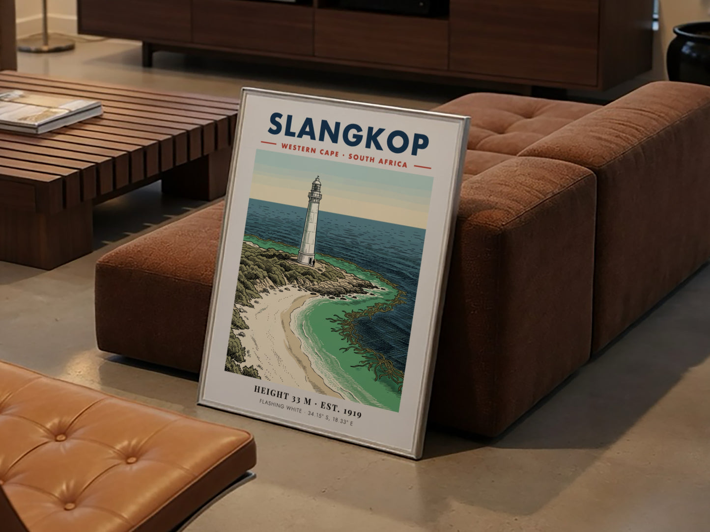 Slangkop Lighthouse poster featuring a white tower on a sandy beach by ocean.