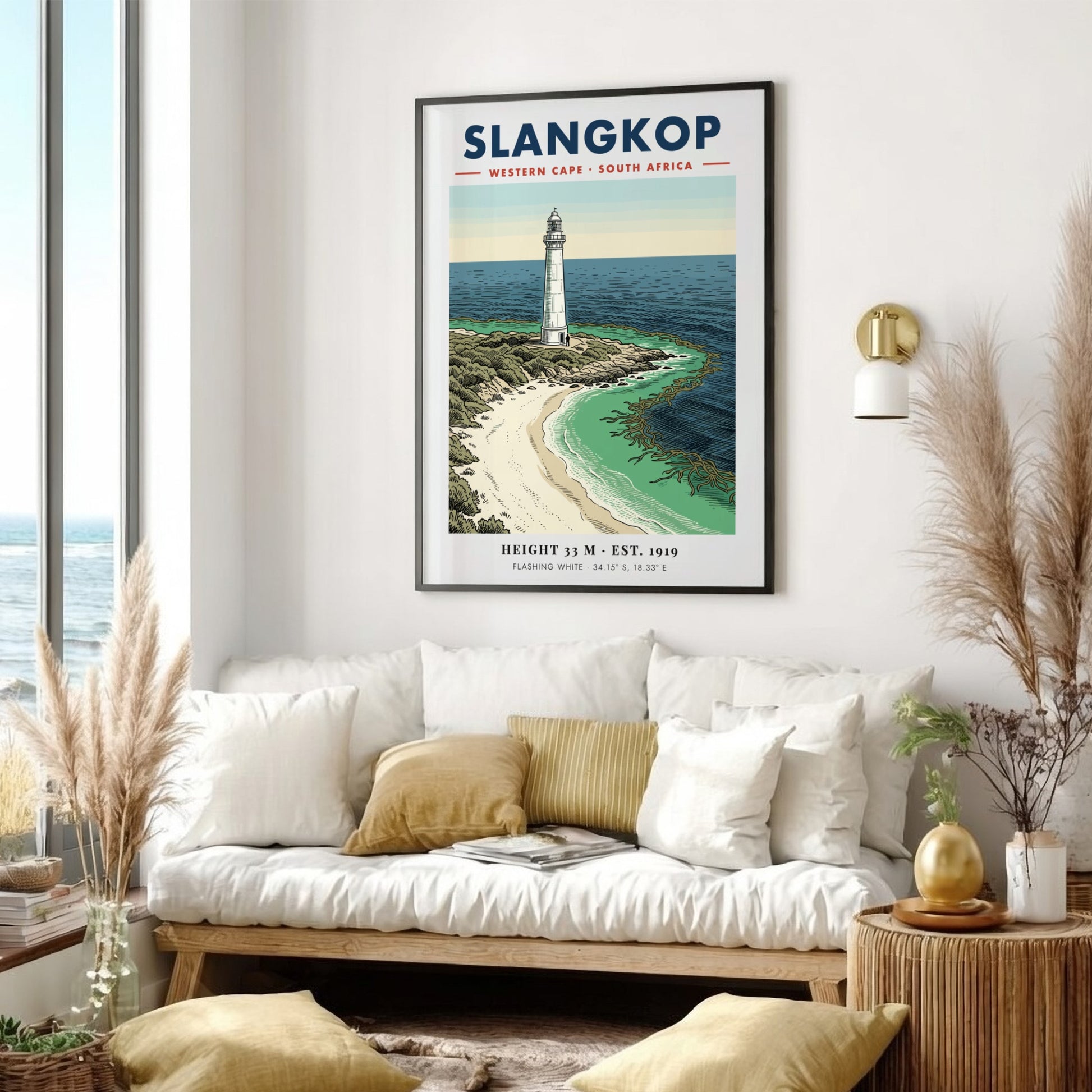 Slangkop Lighthouse poster featuring a white tower on a sandy beach by ocean.