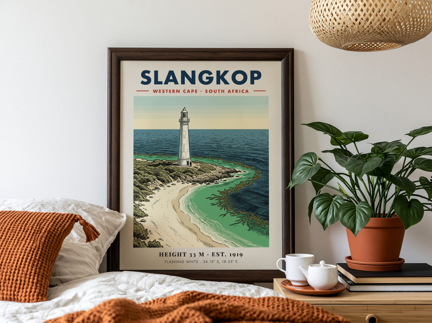 Slangkop Lighthouse poster featuring a white tower on a sandy beach by ocean.