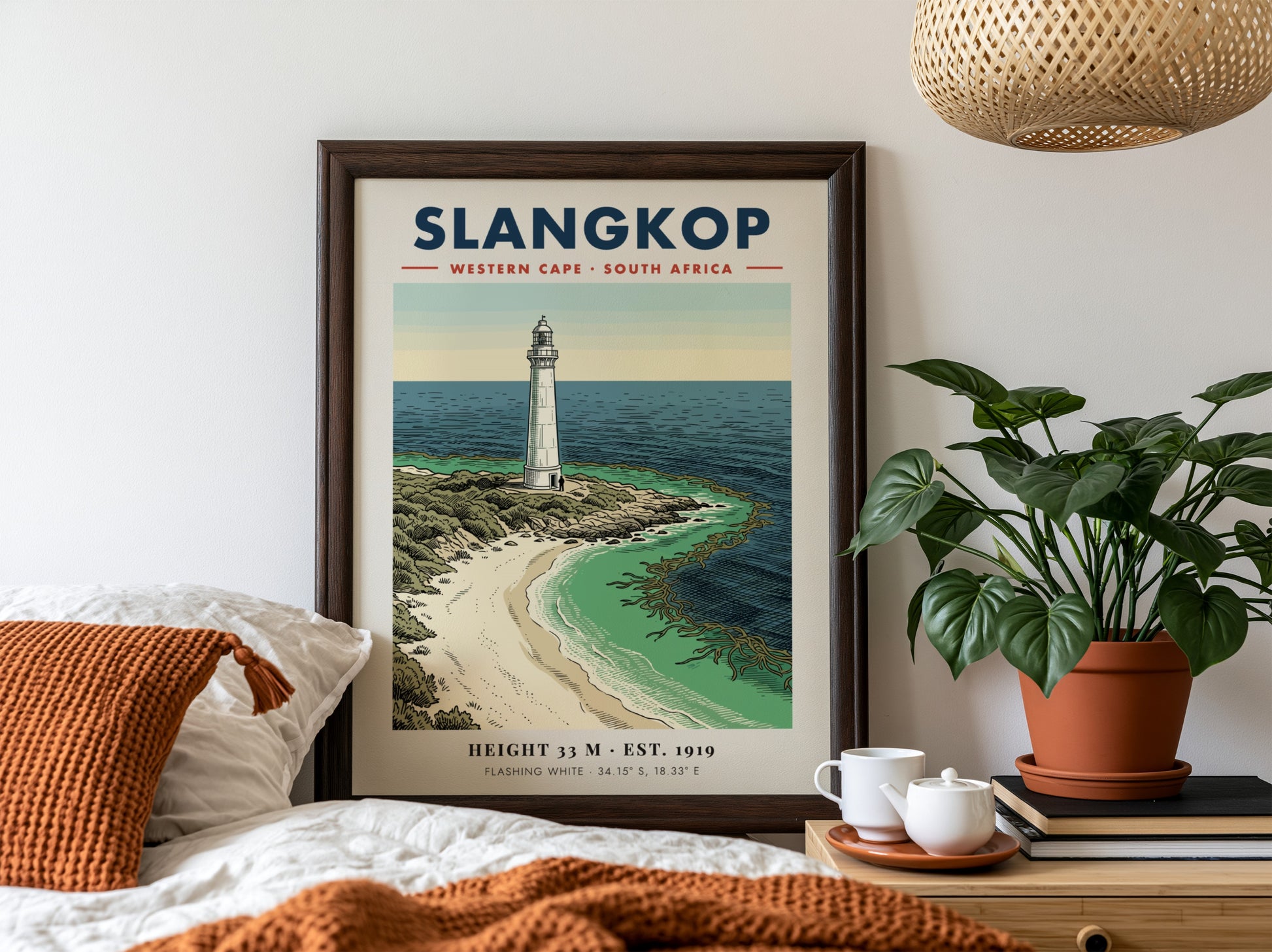 Slangkop Lighthouse poster featuring a white tower on a sandy beach by ocean.
