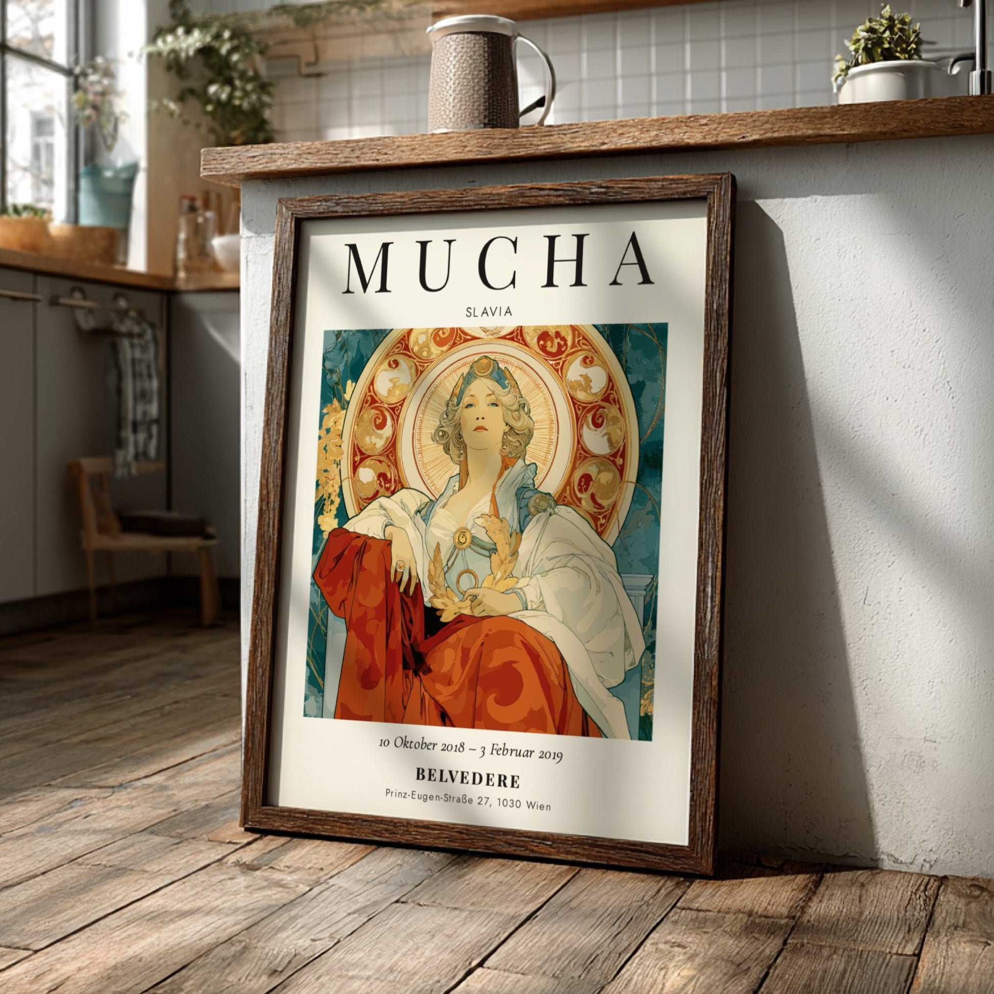 Slavia poster featuring Alphonse Mucha's intricate design with elegant figure and ornate patterns