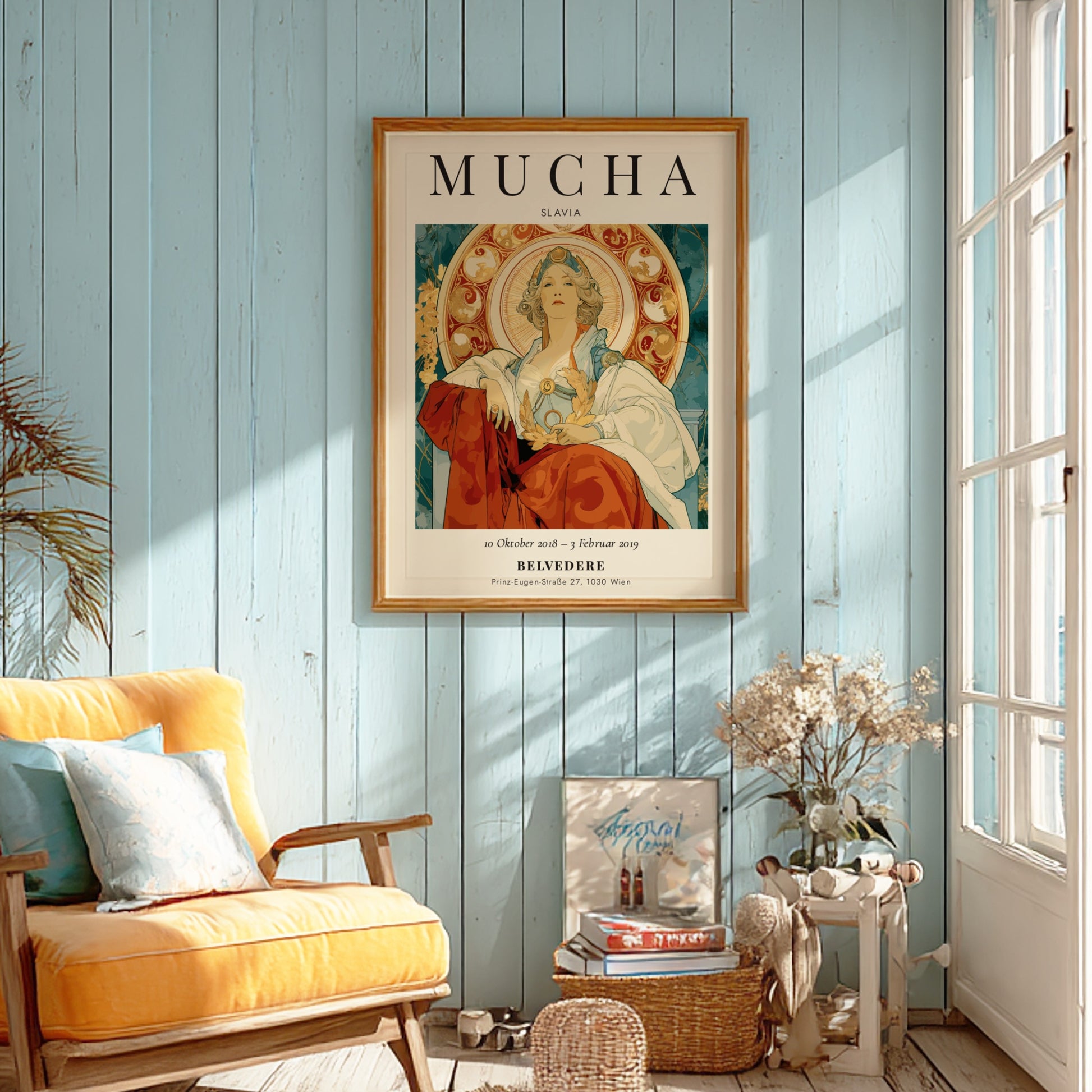 Slavia poster featuring Alphonse Mucha's intricate design with elegant figure and ornate patterns