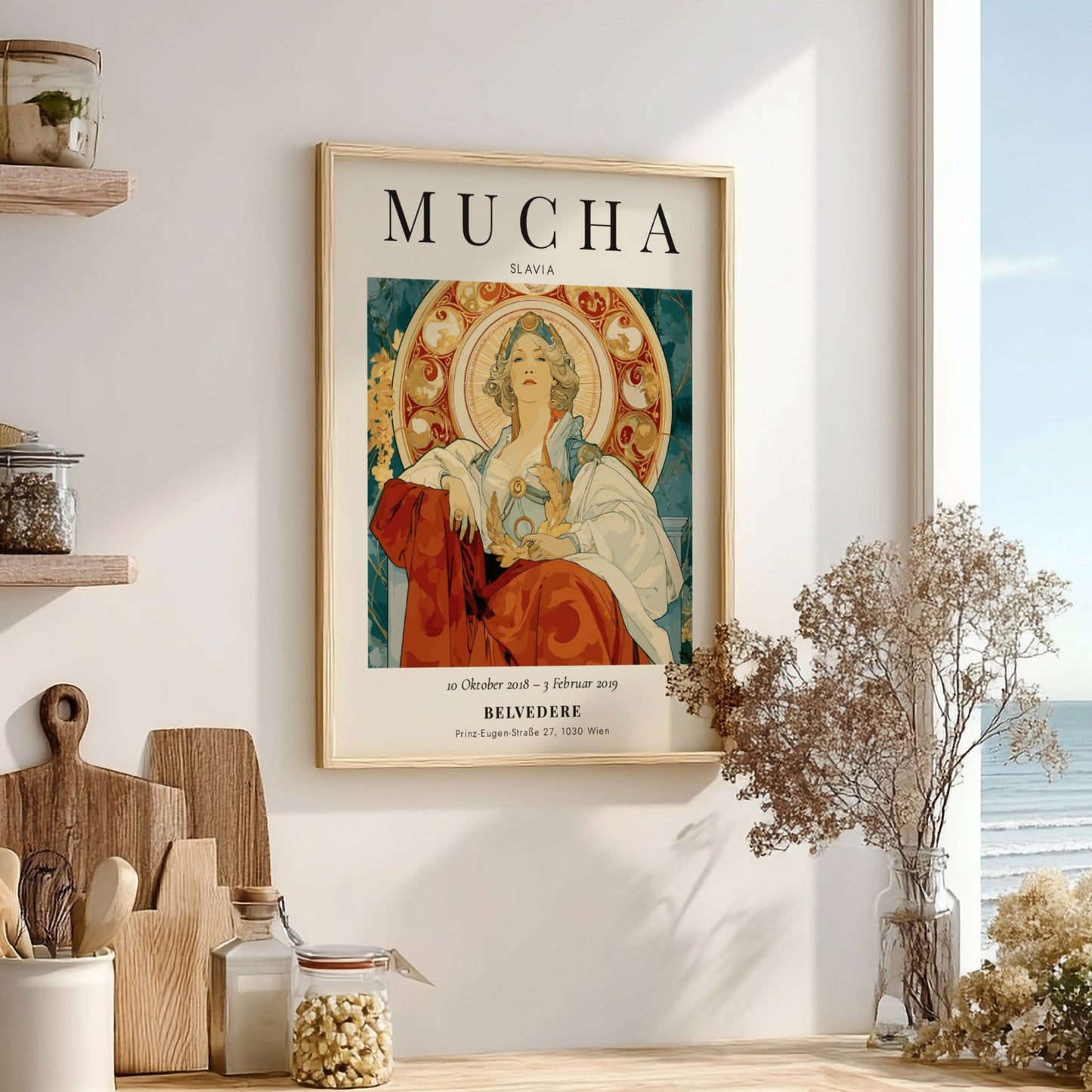 Slavia poster featuring Alphonse Mucha's intricate design with elegant figure and ornate patterns