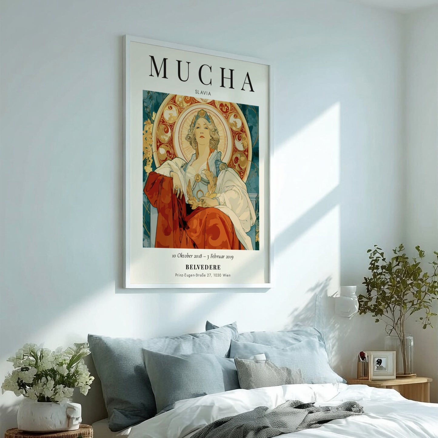Slavia poster featuring Alphonse Mucha's intricate design with elegant figure and ornate patterns