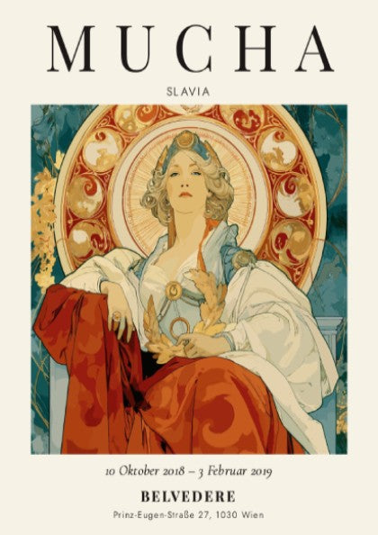 Slavia poster featuring Alphonse Mucha's intricate design with elegant figure and ornate patterns