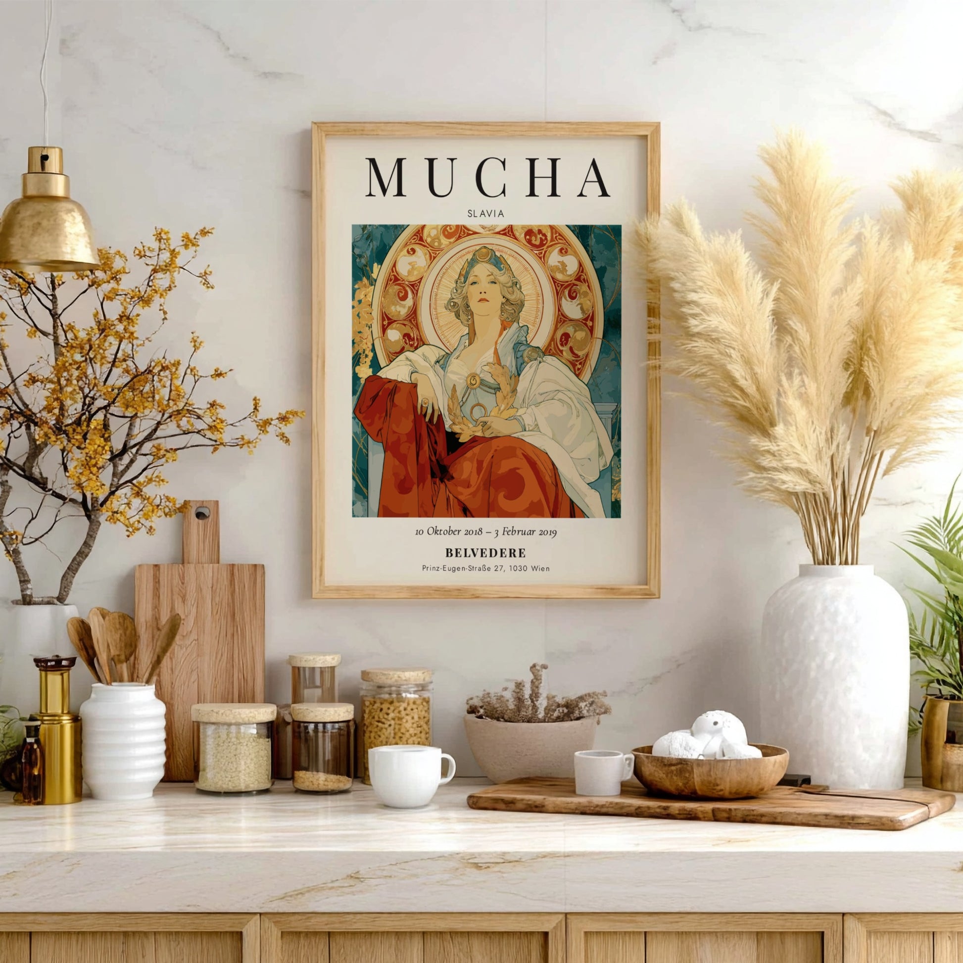 Slavia poster featuring Alphonse Mucha's intricate design with elegant figure and ornate patterns