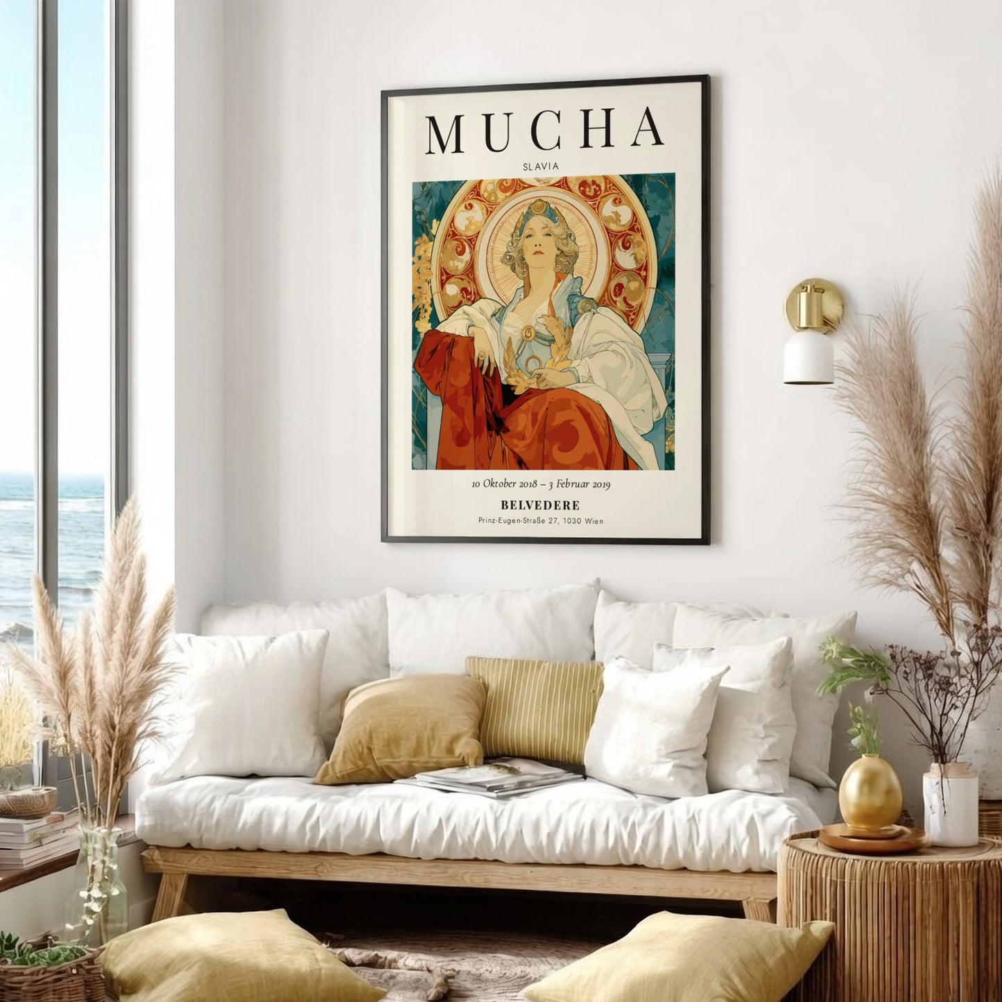 Slavia poster featuring Alphonse Mucha's intricate design with elegant figure and ornate patterns