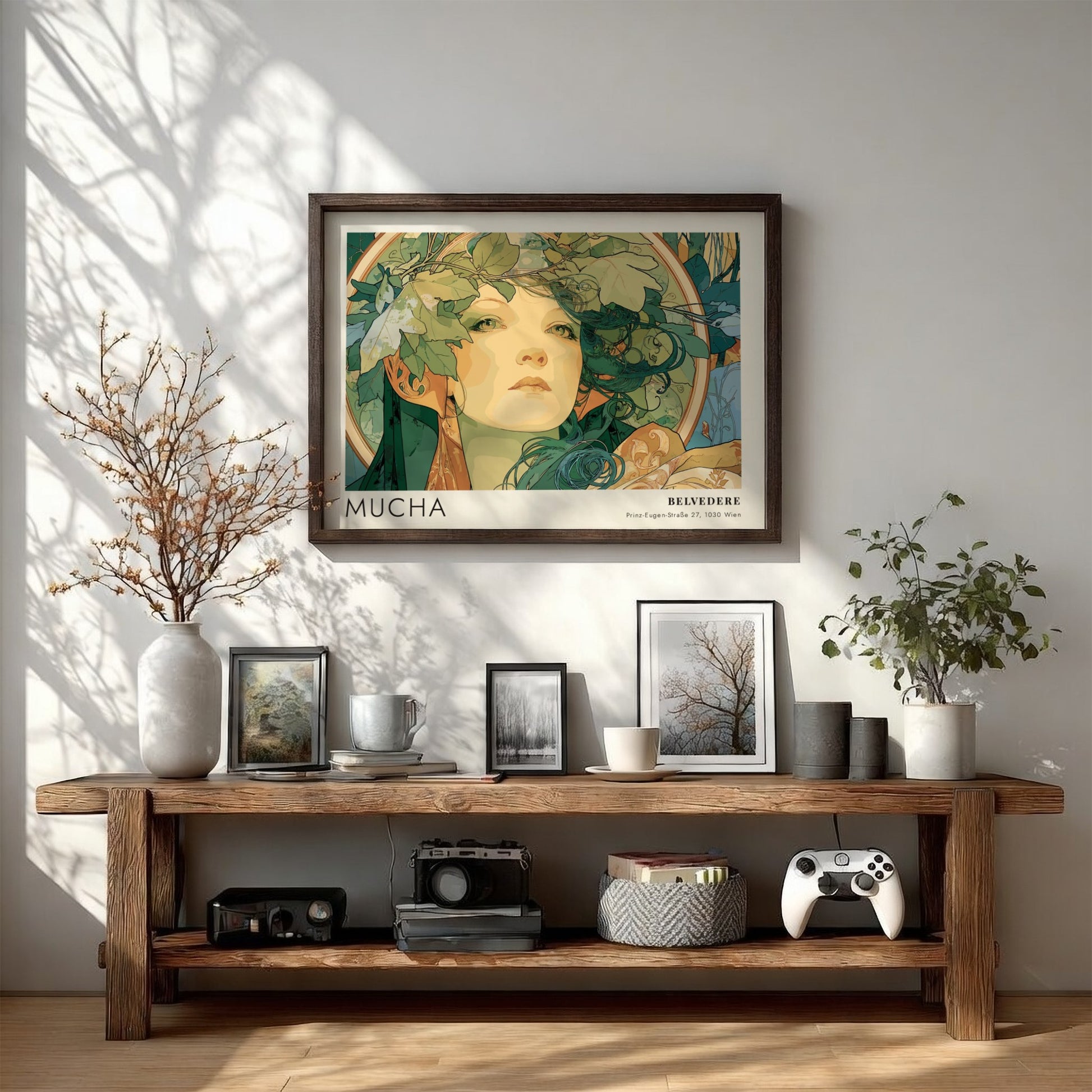 Wall art poster featuring the Mucha Slavia design with a woman wearing foliage