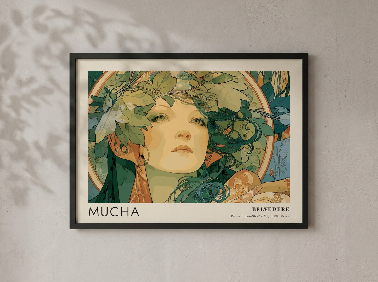 Wall art poster featuring the Mucha Slavia design with a woman wearing foliage