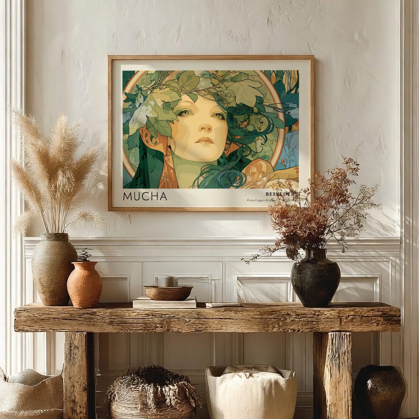 Wall art poster featuring the Mucha Slavia design with a woman wearing foliage