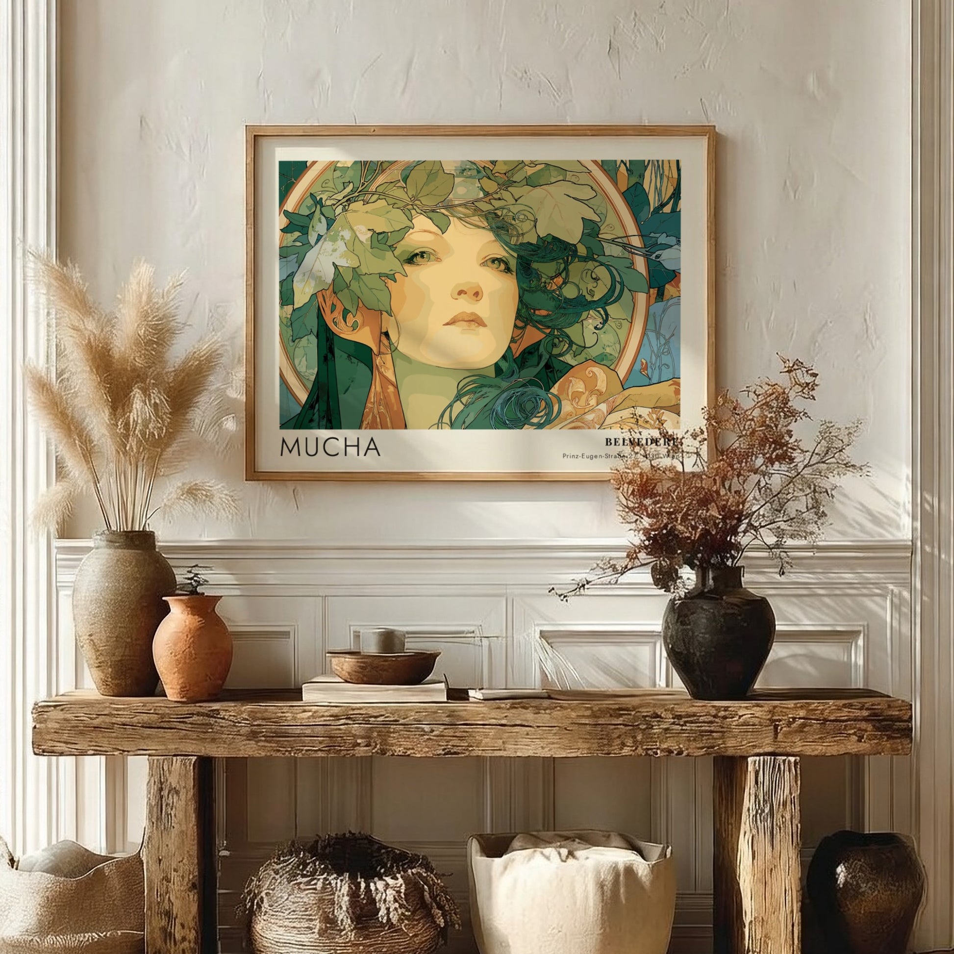 Wall art poster featuring the Mucha Slavia design with a woman wearing foliage