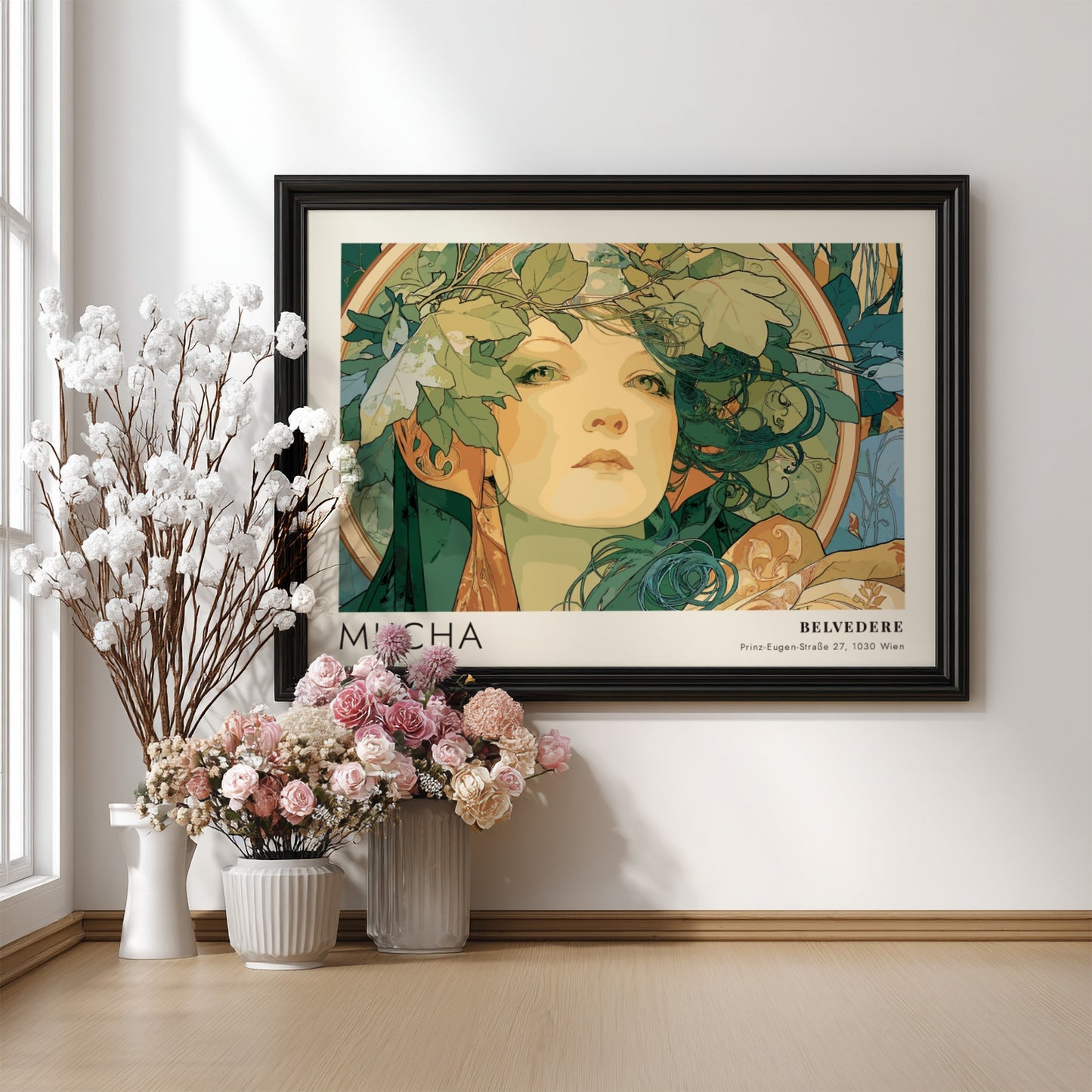 Wall art poster featuring the Mucha Slavia design with a woman wearing foliage
