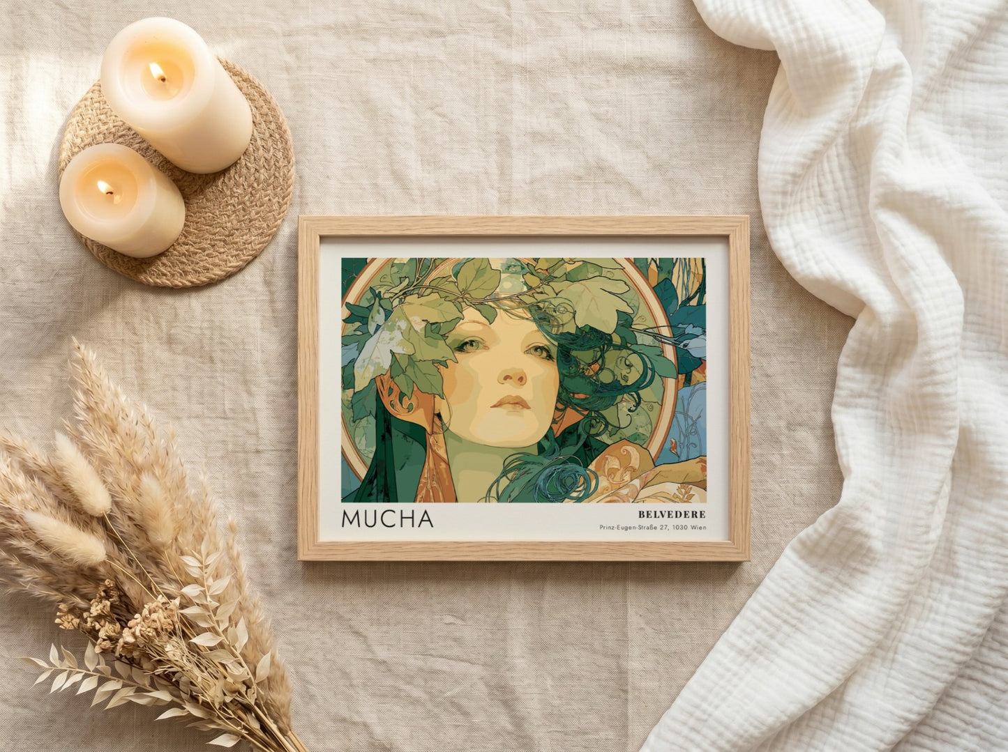 Wall art poster featuring the Mucha Slavia design with a woman wearing foliage