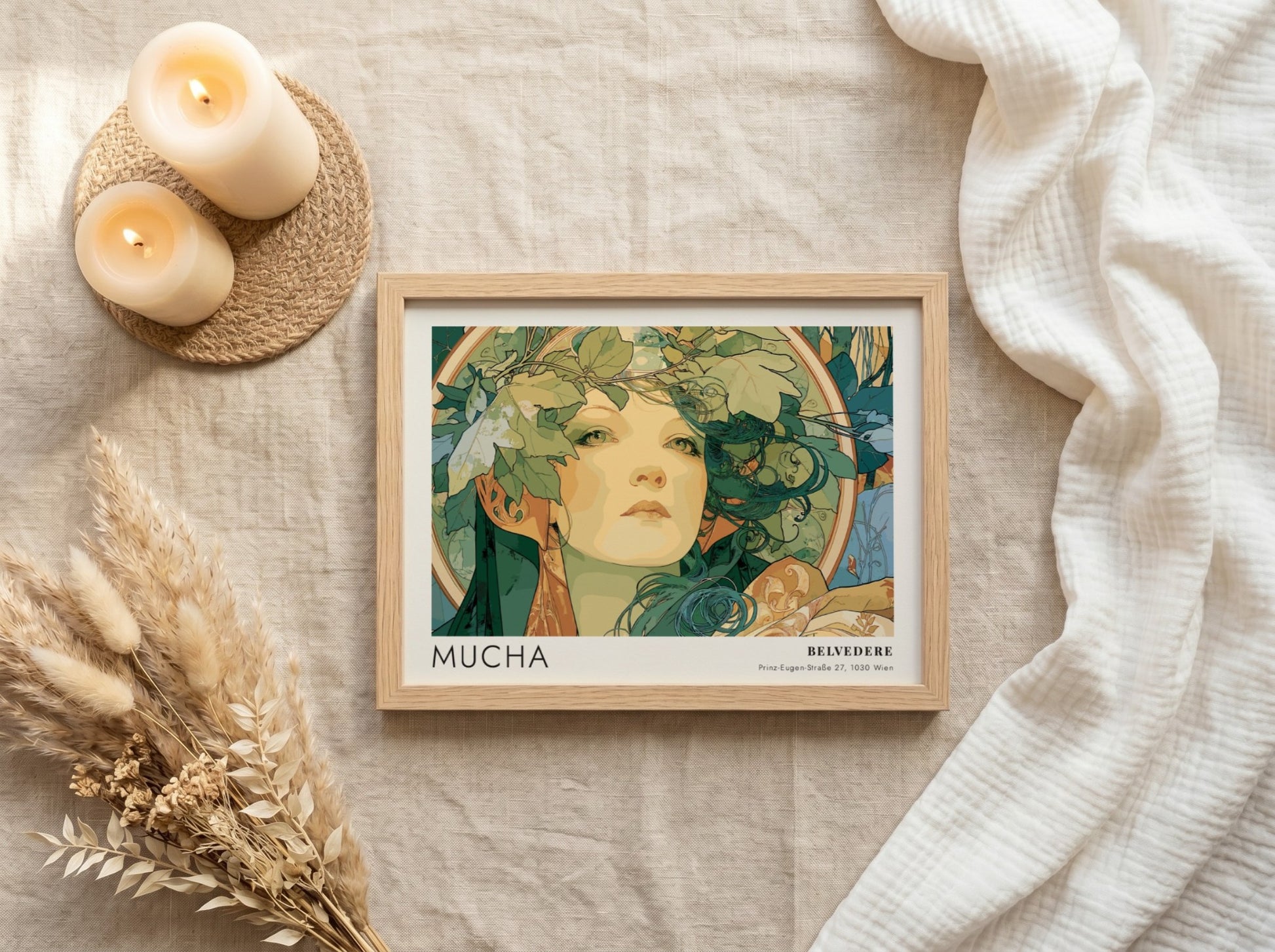 Wall art poster featuring the Mucha Slavia design with a woman wearing foliage