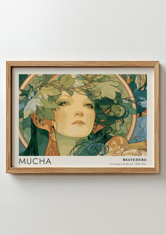 Wall art poster featuring the Mucha Slavia design with a woman wearing foliage