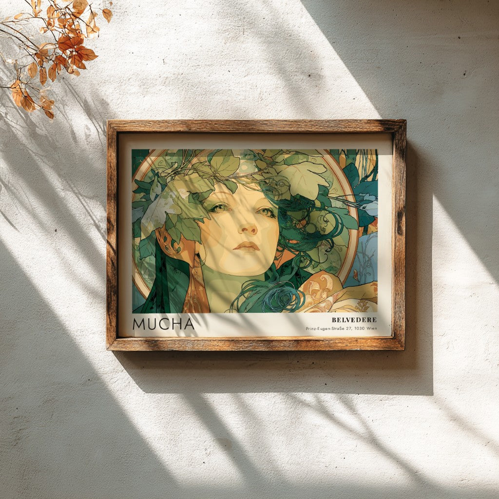 Wall art poster featuring the Mucha Slavia design with a woman wearing foliage