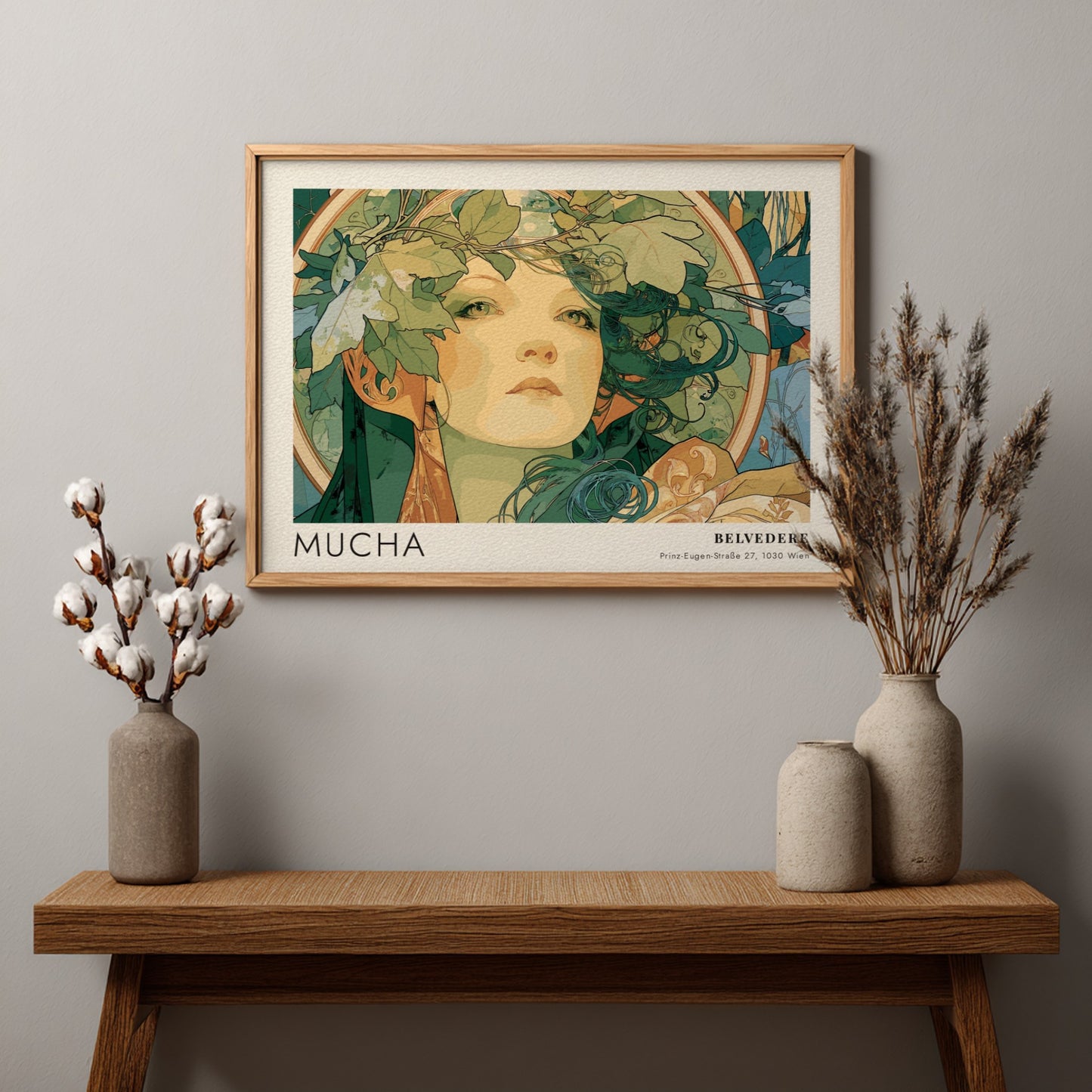 Wall art poster featuring the Mucha Slavia design with a woman wearing foliage