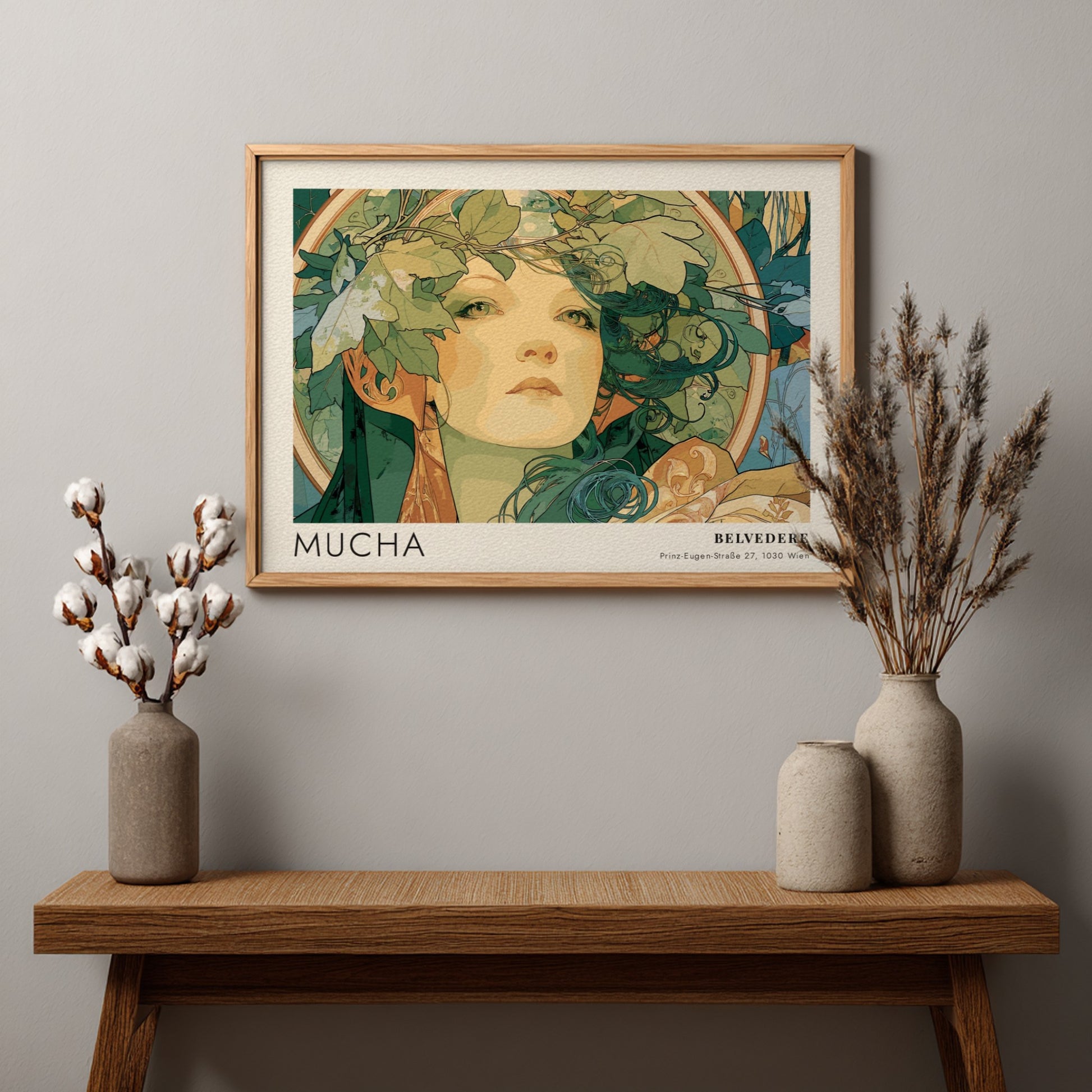 Wall art poster featuring the Mucha Slavia design with a woman wearing foliage