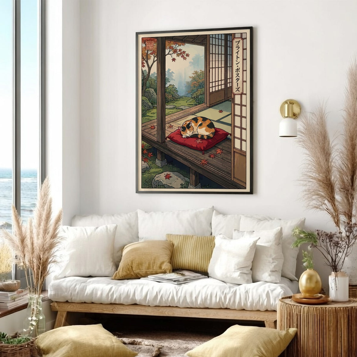 Poster of a sleeping calico cat on a red cushion in Japanese woodblock style