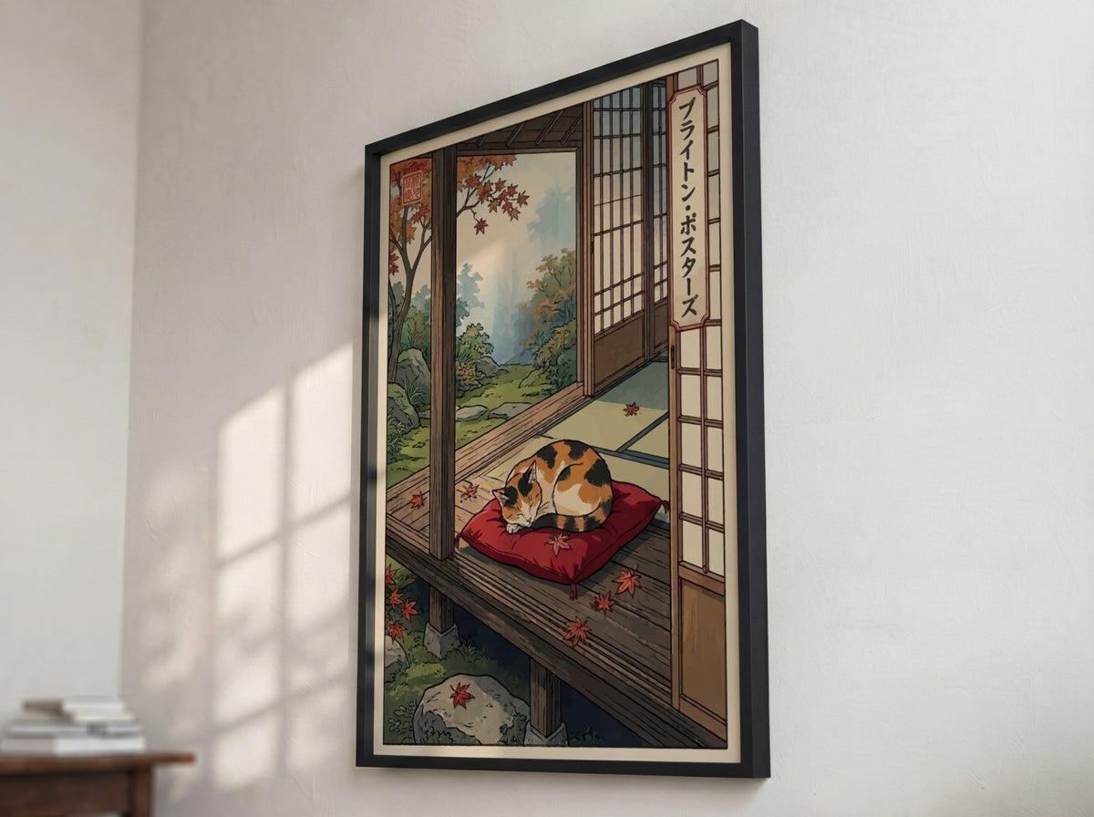 Poster of a sleeping calico cat on a red cushion in Japanese woodblock style