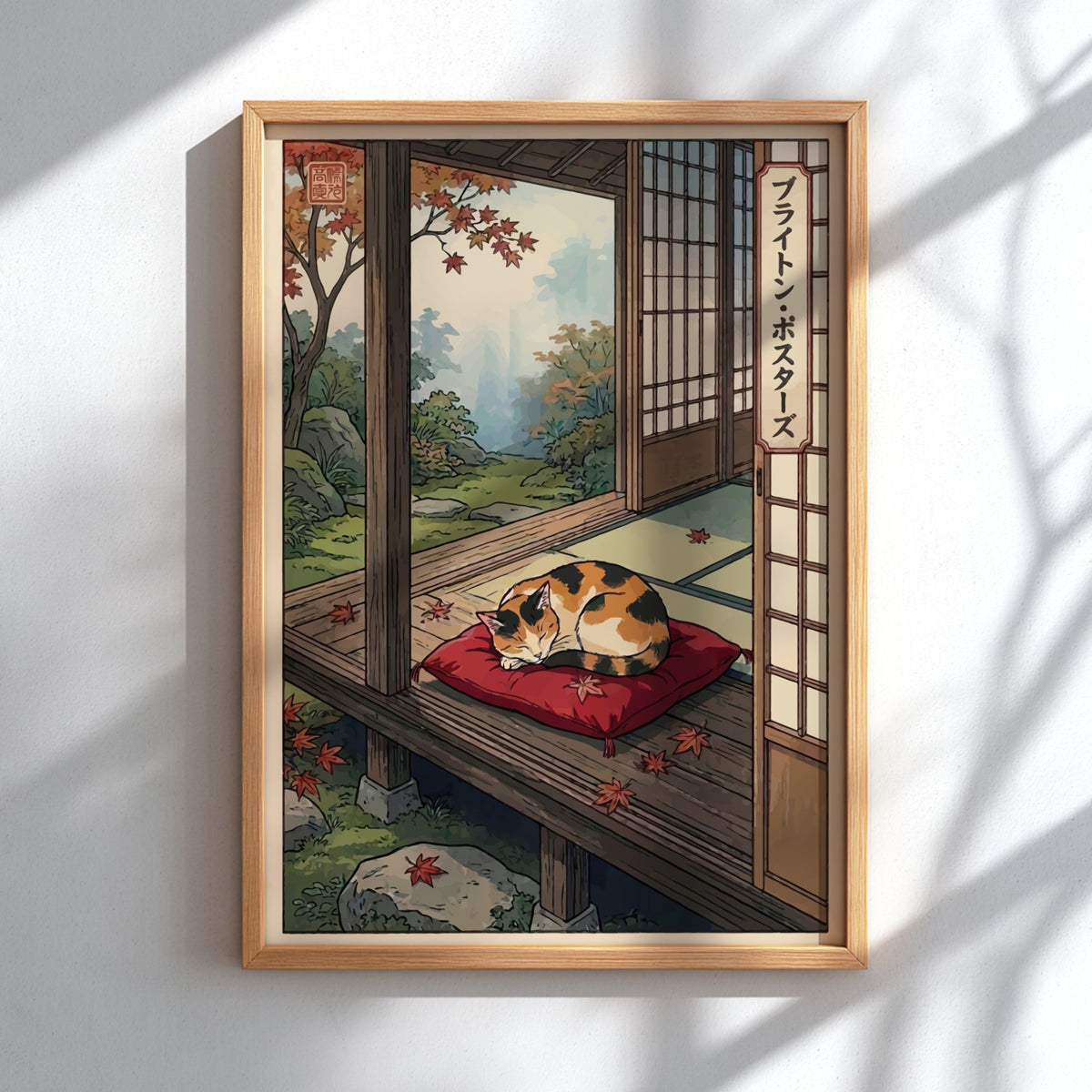 Poster of a sleeping calico cat on a red cushion in Japanese woodblock style