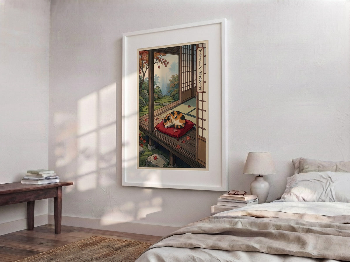 Poster of a sleeping calico cat on a red cushion in Japanese woodblock style