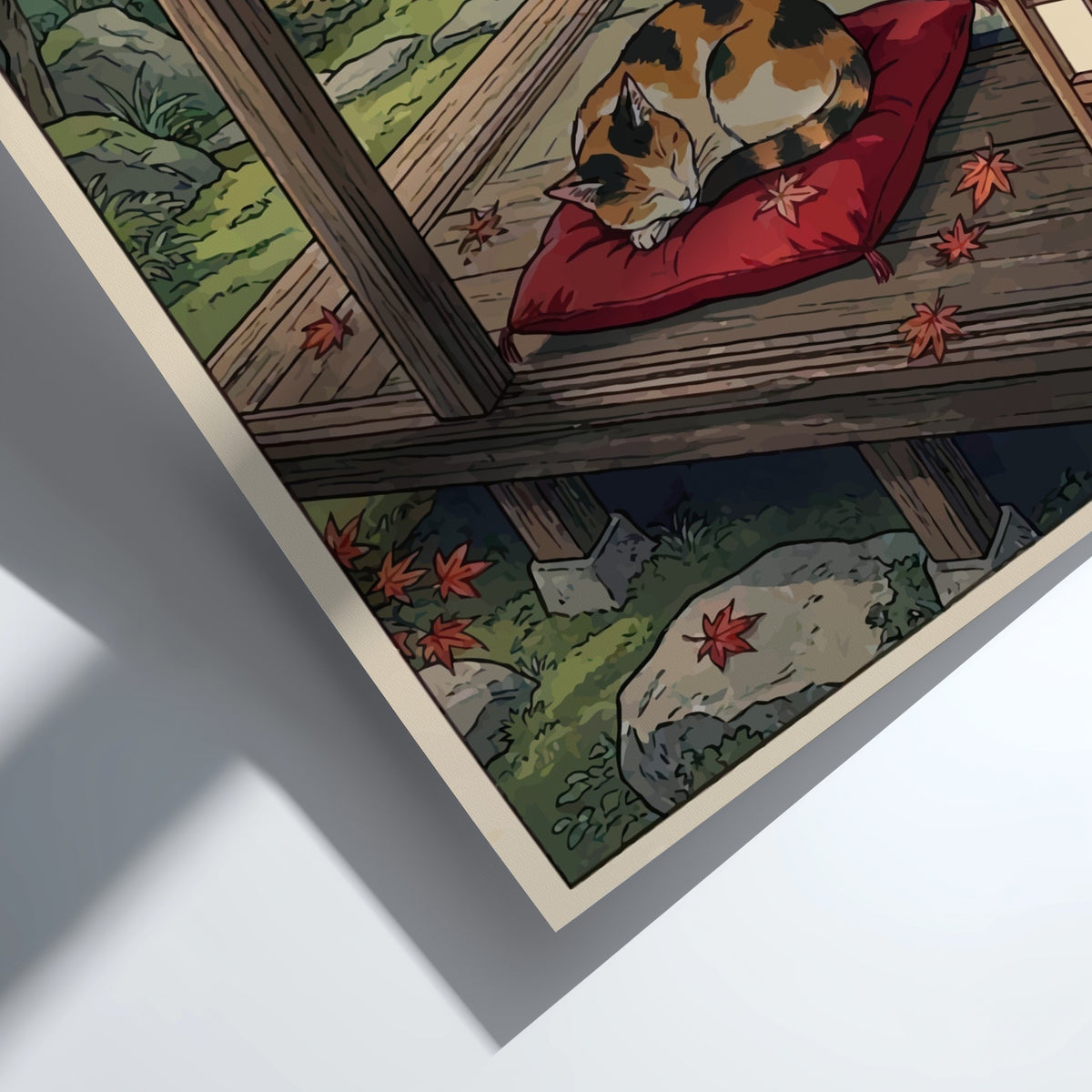 Poster of a sleeping calico cat on a red cushion in Japanese woodblock style
