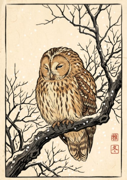 Japanese art style poster featuring a sleeping owl on a branch with snowflakes