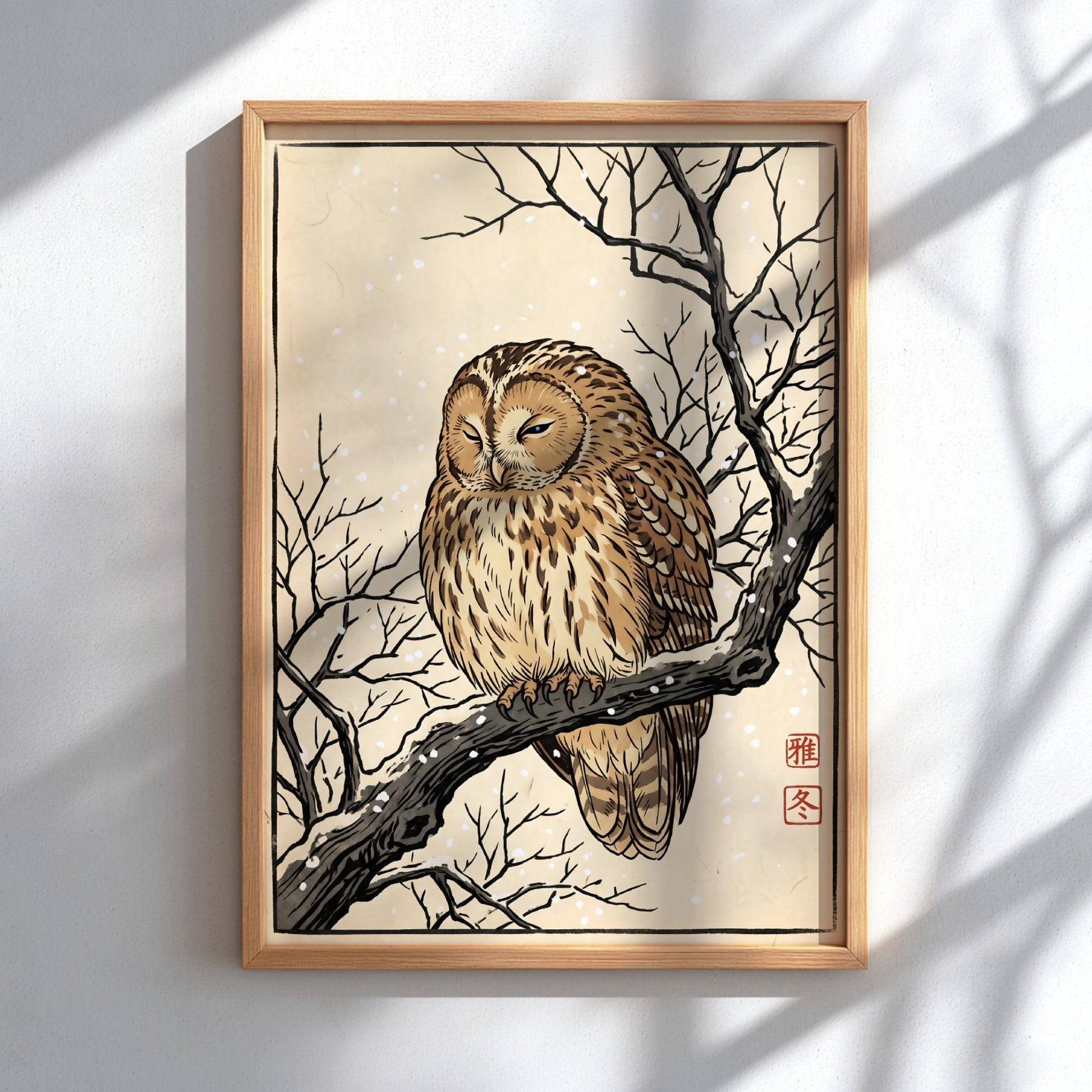 Japanese art style poster featuring a sleeping owl on a branch with snowflakes