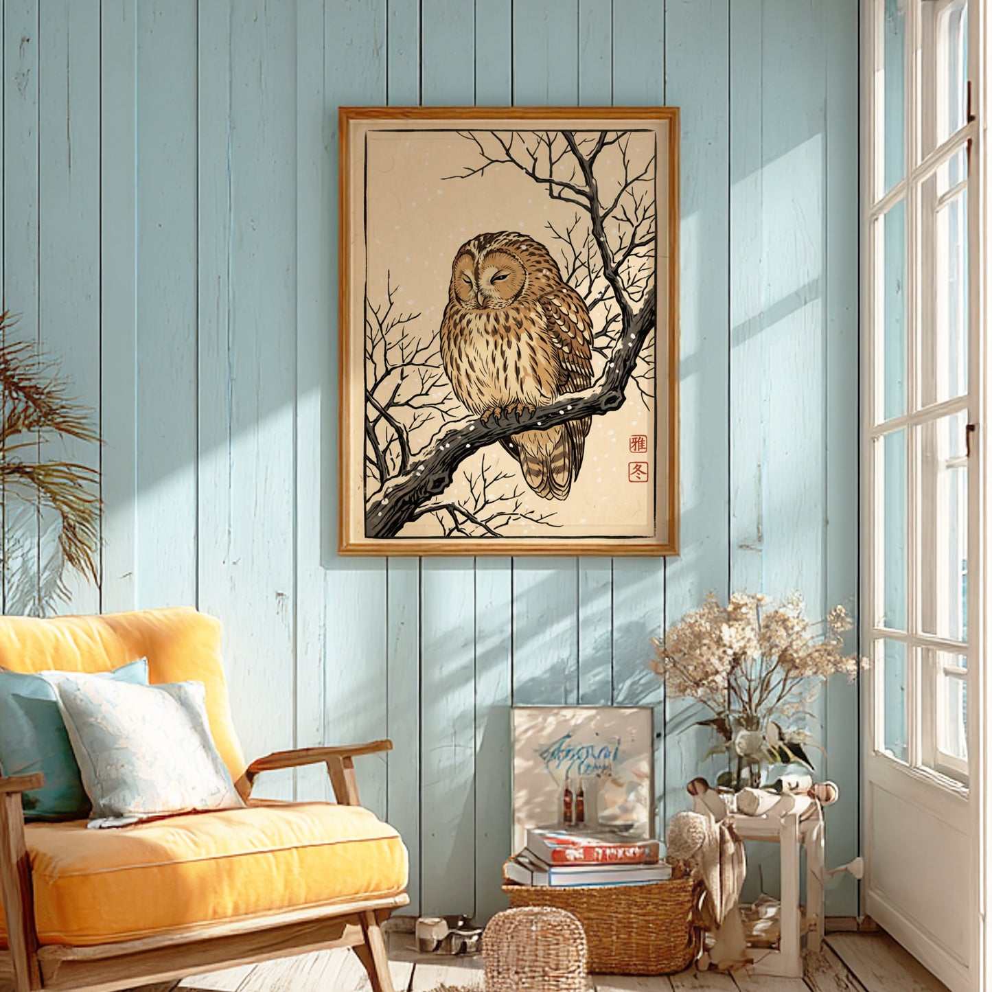 Japanese art style poster featuring a sleeping owl on a branch with snowflakes