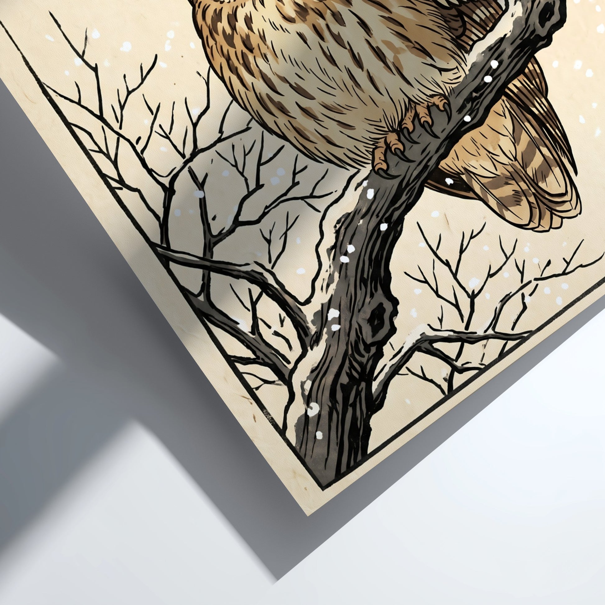 Japanese art style poster featuring a sleeping owl on a branch with snowflakes