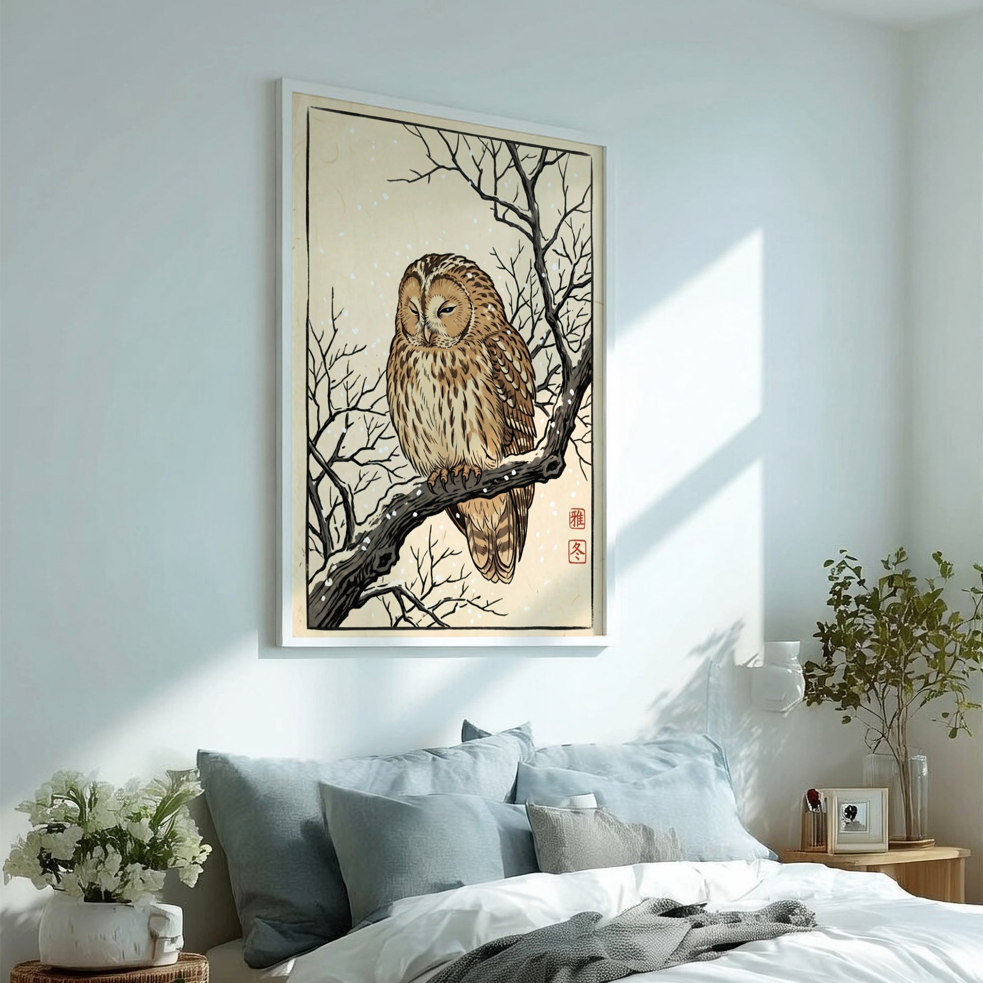 Japanese art style poster featuring a sleeping owl on a branch with snowflakes