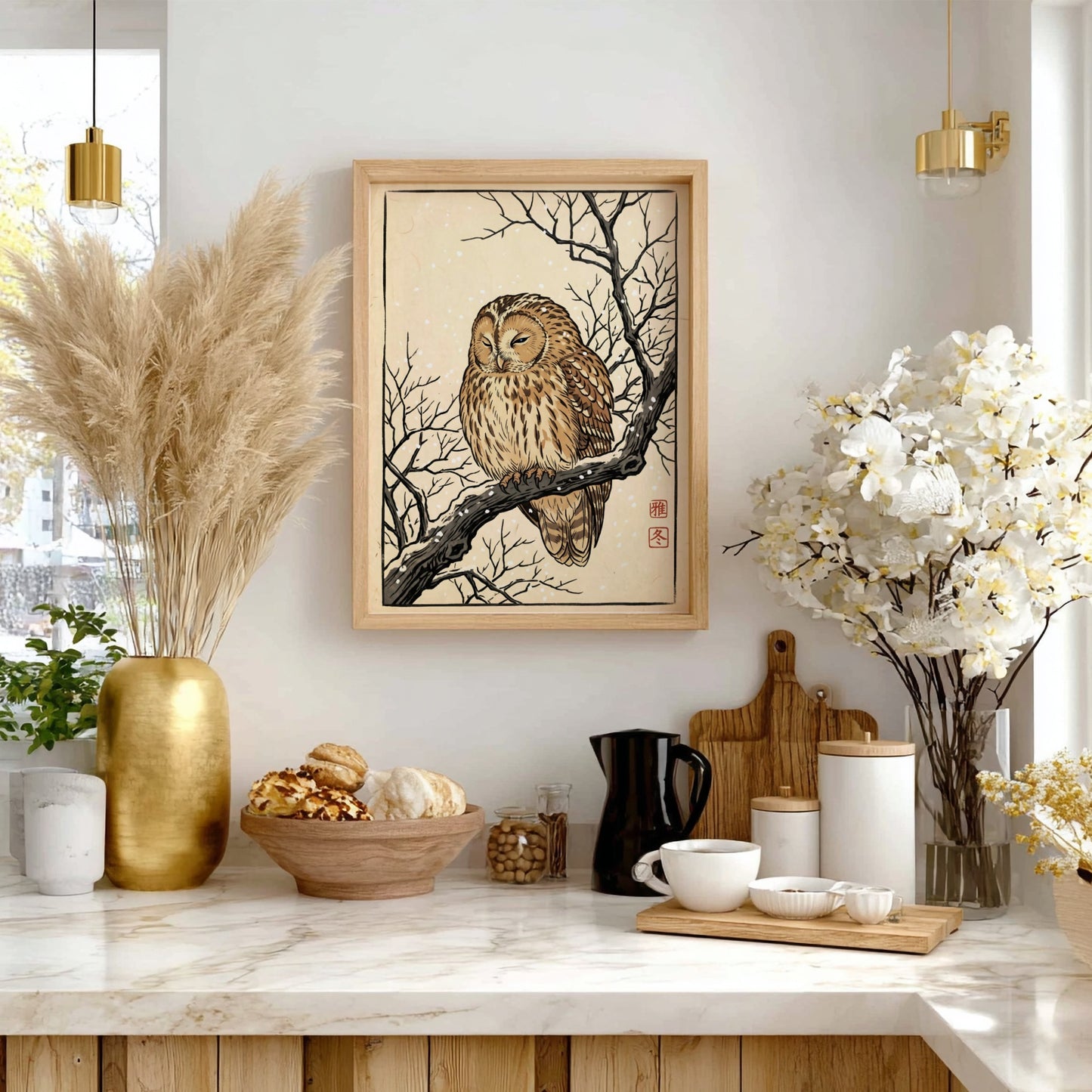 Japanese art style poster featuring a sleeping owl on a branch with snowflakes