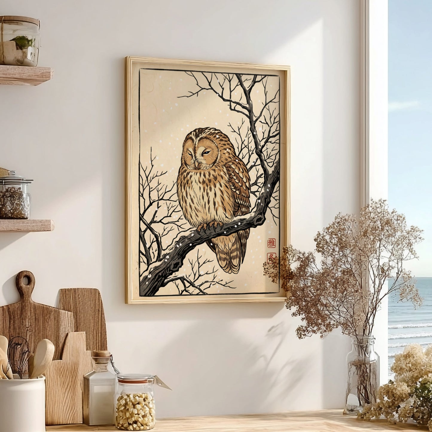 Japanese art style poster featuring a sleeping owl on a branch with snowflakes