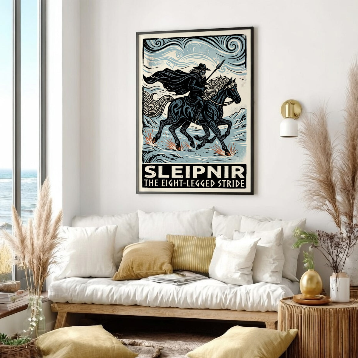 Poster featuring Sleipnir the eight-legged horse carrying a rider through an icy landscape.