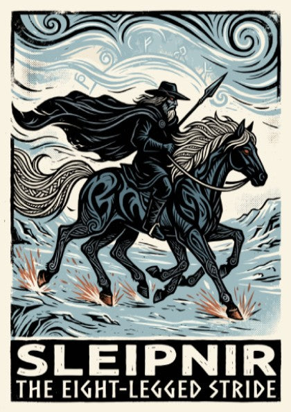 Poster featuring Sleipnir the eight-legged horse carrying a rider through an icy landscape.