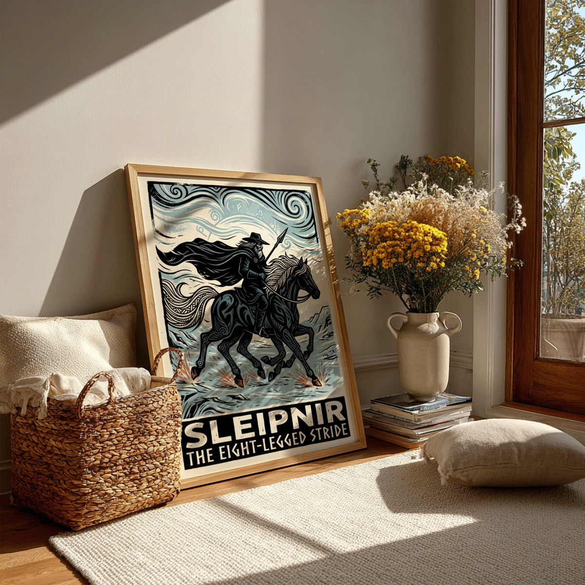 Poster featuring Sleipnir the eight-legged horse carrying a rider through an icy landscape.