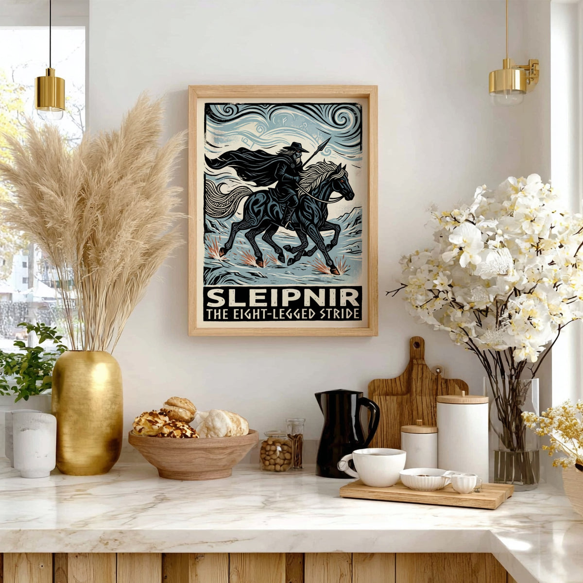 Poster featuring Sleipnir the eight-legged horse carrying a rider through an icy landscape.