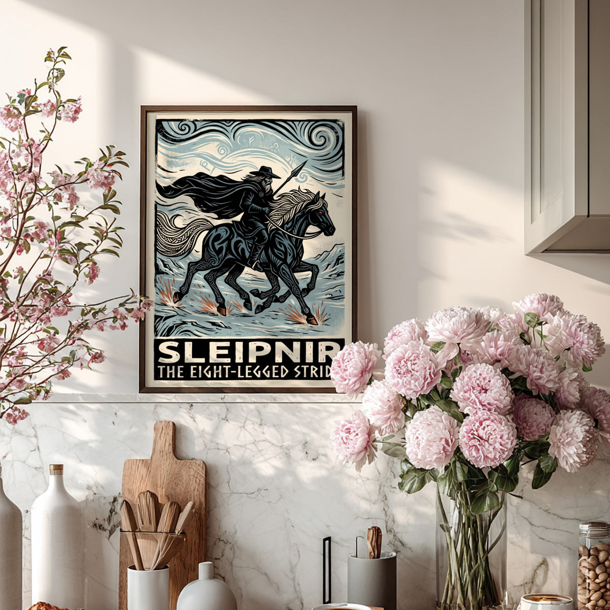 Poster featuring Sleipnir the eight-legged horse carrying a rider through an icy landscape.